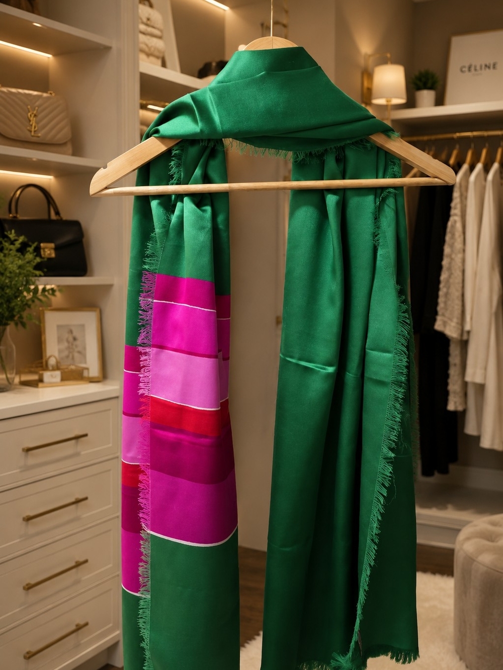 Yves Saint Laurent Green Scarf with Pink, Magenta & Red Stripe Panel
